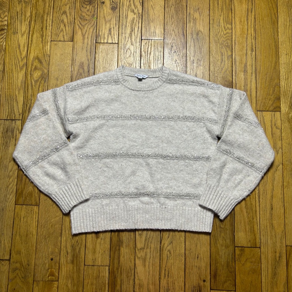 Chelia Roe Womens Sequin‎ Striped Sweater Beige Oatmeal Silver Sparkle Size S